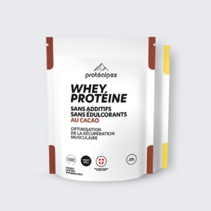 Whey Protéalpes protein with cocoa, no additives or sweeteners, to optimize muscle recovery.