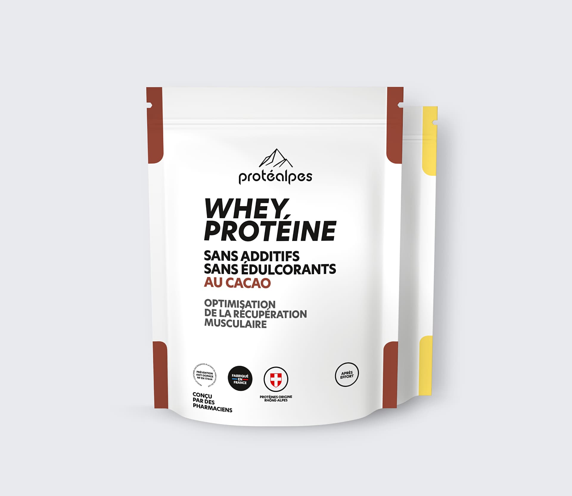 Proteine Whey Protéalpes con cacao, senza additivi né dolcificanti, per ottimizzare il recupero muscolare.