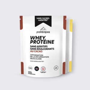 Whey Protéalpes protein with cocoa, no additives or sweeteners for optimized, healthy muscle recovery.