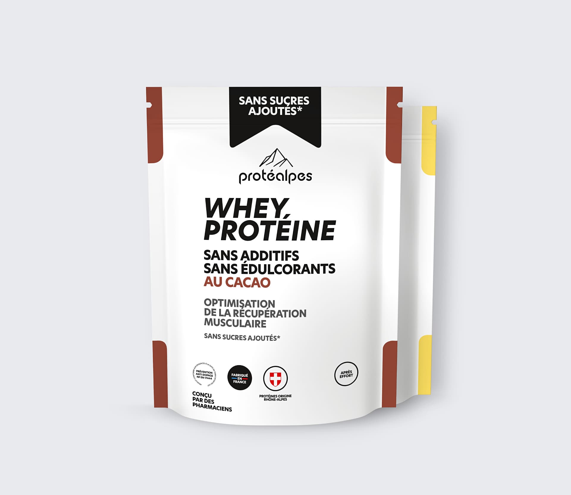 Whey Protein Protéalpes mit Kakao, ohne Zusatzstoffe oder Süßstoffe für eine optimierte und gesunde Muskelerholung.