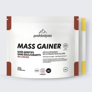 Protéalpes Mass Gainer: an additive-free, sweetener-free sports nutrition product with cocoa, to build muscle mass.
