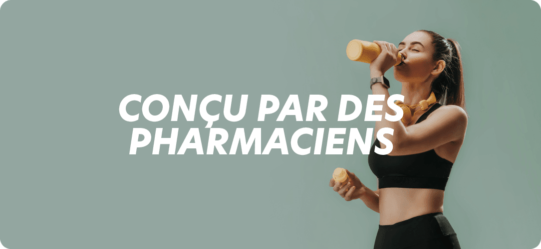 Sportive buvant une boisson, texte Conçu par des pharmaciens. Nutrition Protéalpes : qualité sans édulcorants ni additifs.