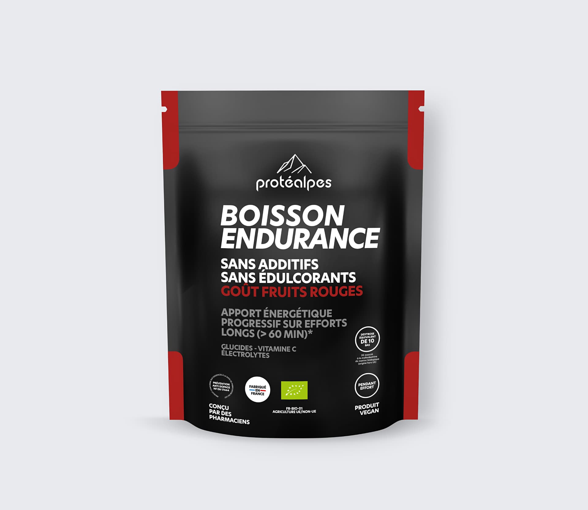 Boisson Endurance Protéalpes sans additifs/édulcorants, goût fruits rouges. Énergie pour efforts longs. Qualité premium.