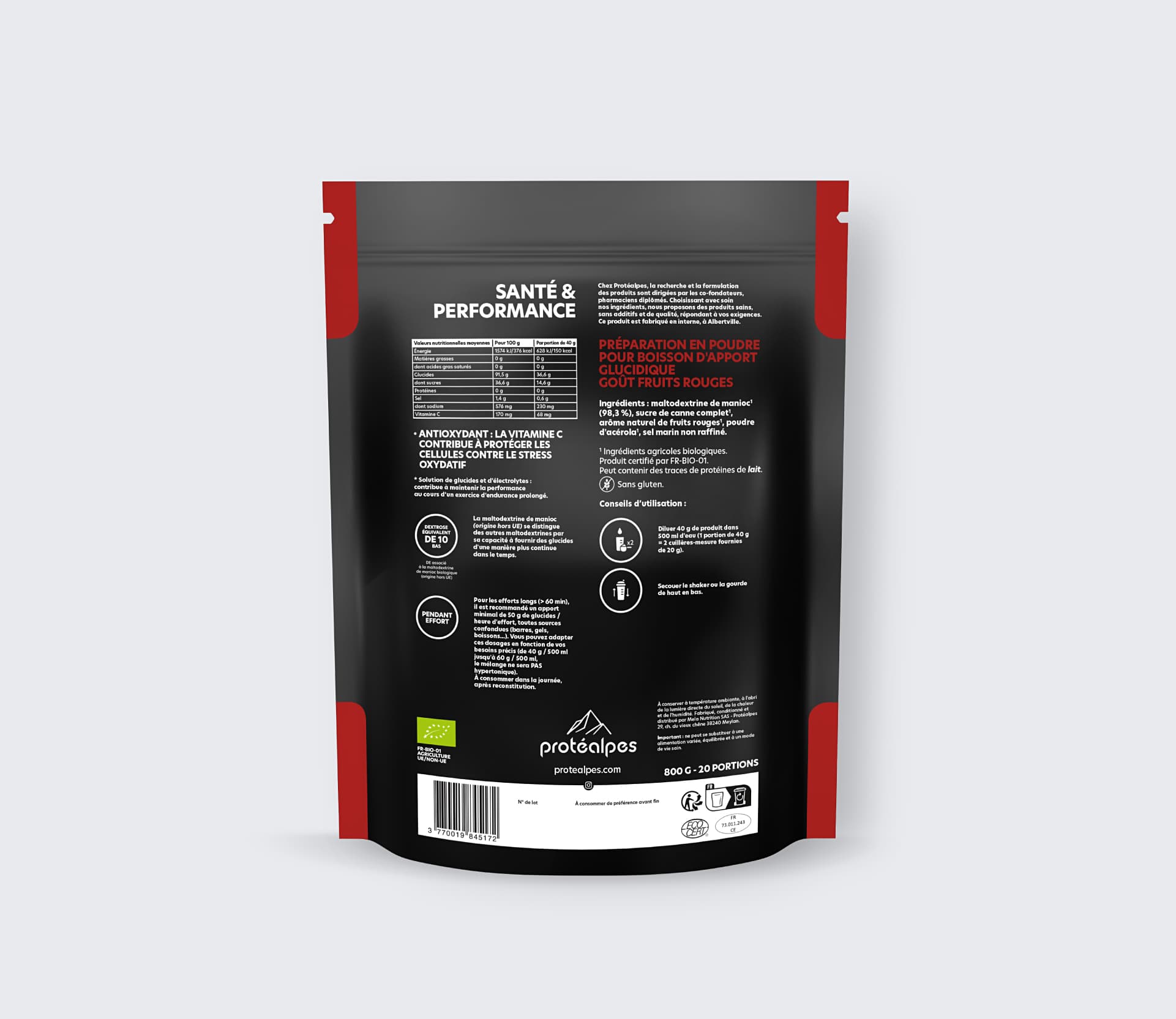 Emballage de poudre nutrition sportive Protéalpes, goût fruits rouges, sans édulcorants ni additifs, format 800g.