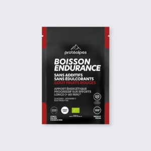 Boisson endurance Protéalpes sans additifs ni édulcorants, goût fruits rouges. Énergie progressive pour efforts longs.
