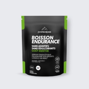 Boisson endurance Protéalpes, goût menthe, sans additifs ni édulcorants, énergie progressive pour efforts longs, 100% naturel.
