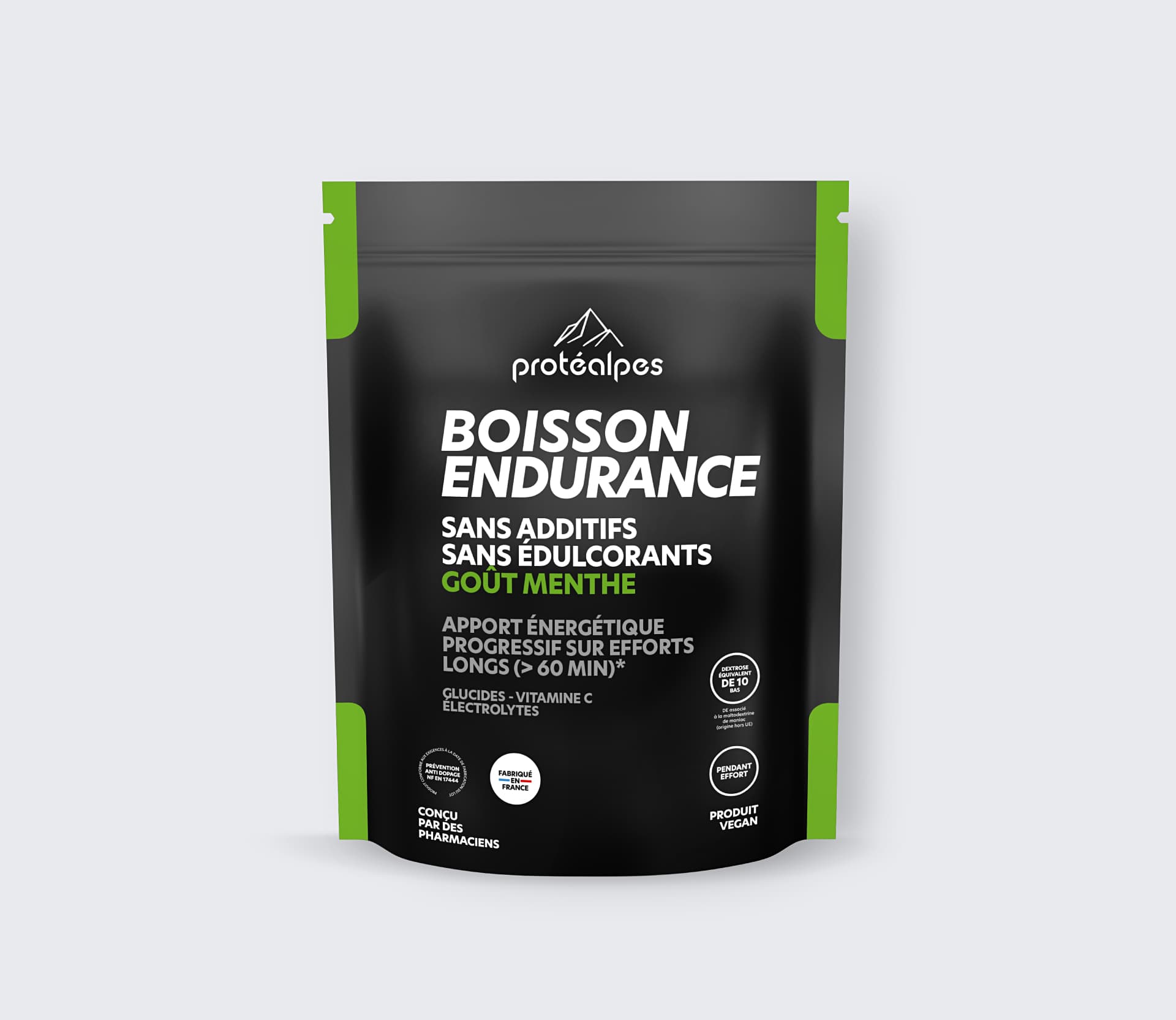 Protéalpes endurance drink, mint flavour, no additives or sweeteners, progressive energy for long efforts, 100% natural.