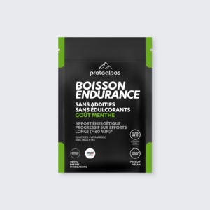 Sachet de boisson endurance goût menthe Protéalpes, sans additifs ni édulcorants, pour un apport énergétique progressif.