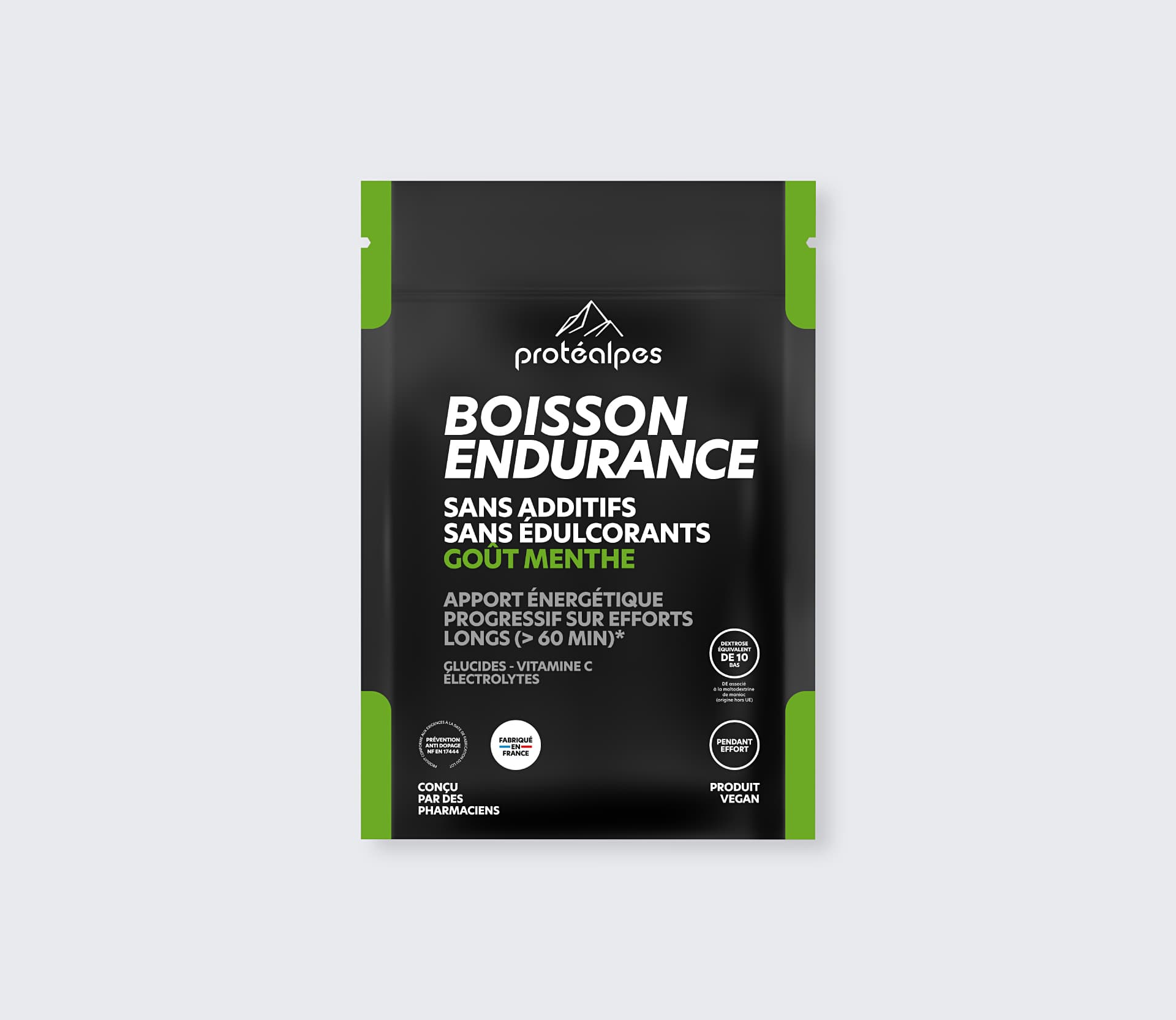 Protéalpes mint-flavoured endurance drink sachet, with no additives or sweeteners, for a progressive energy intake.
