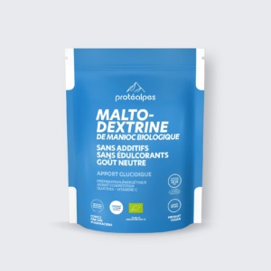 Protéalpes organic cassava maltodextrin, no additives or sweeteners, neutral taste, high-quality sports nutrition.