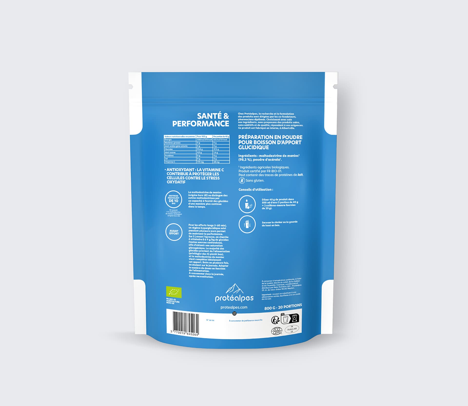 Packung mit Pulver für Protealpes Kohlenhydratgetränk, ohne Süßstoffe und Zusatzstoffe, für eine hochwertige Sporternährung.