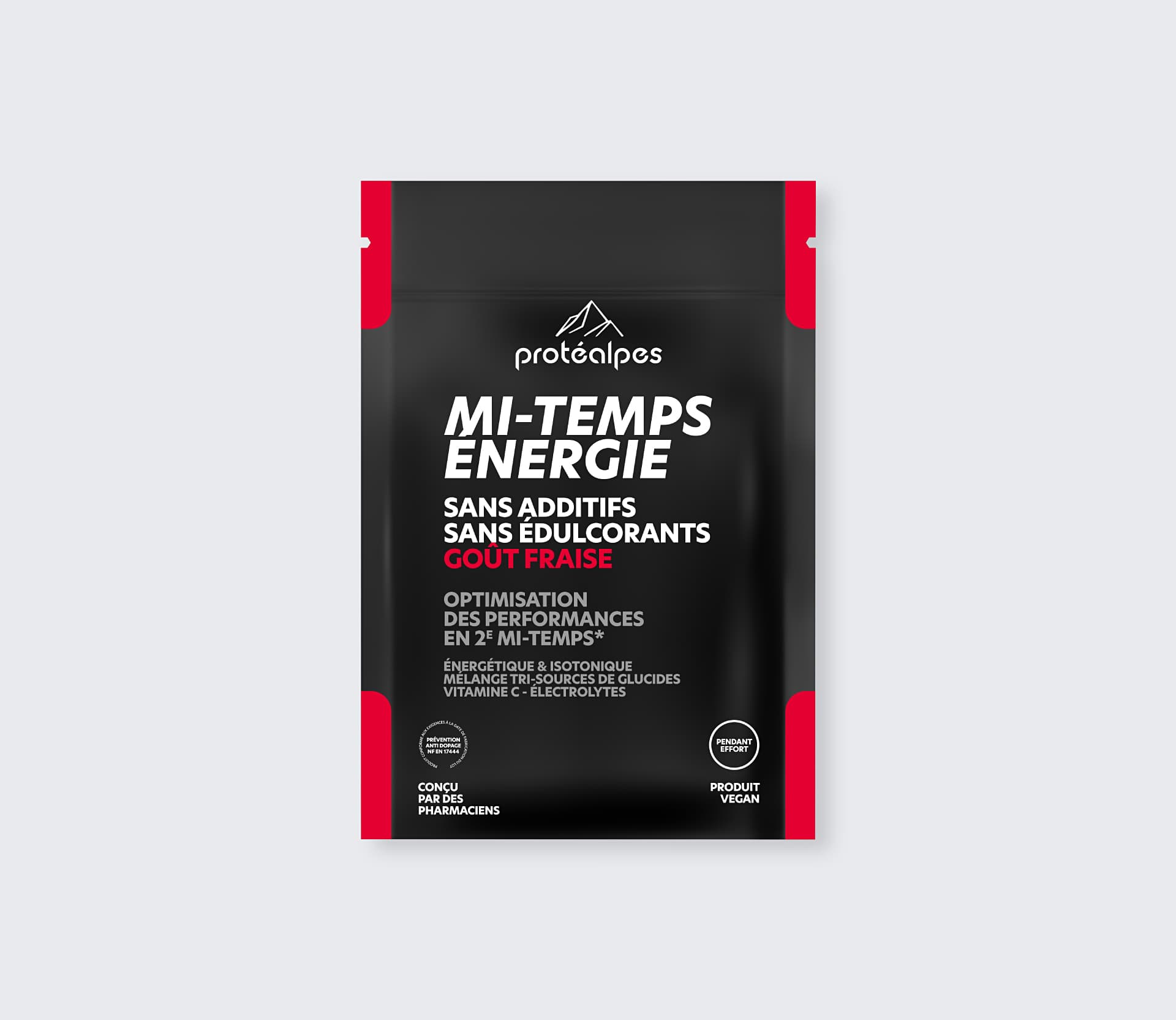 Beutel Protéalpes Mi-Temps Energie mit Erdbeergeschmack, ohne Süßstoffe und Zusatzstoffe, zur Optimierung der sportlichen Leistung.