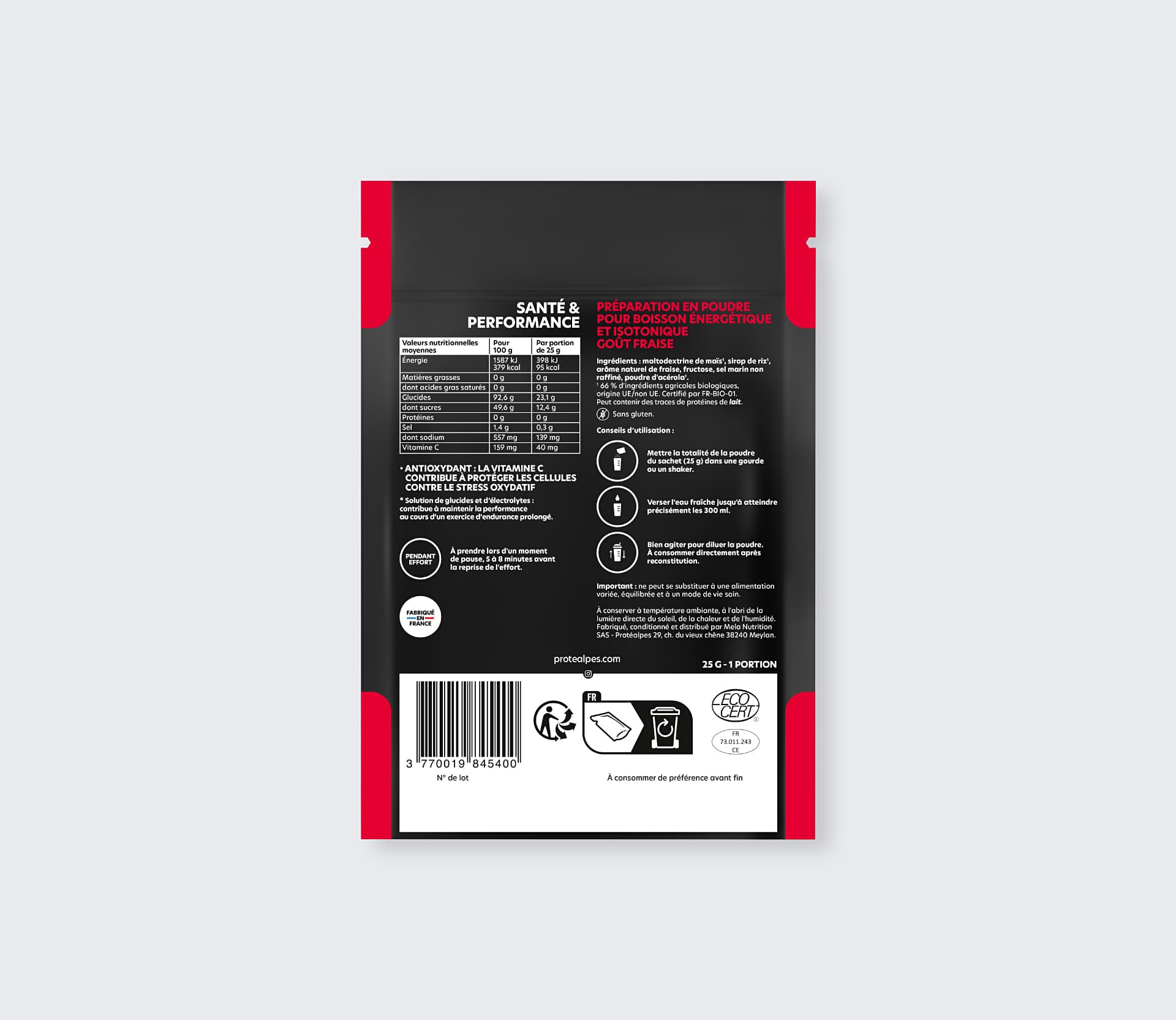 Emballage de boisson énergétique Protéalpes, goût fraise, sans édulcorants ni additifs, pour une nutrition sportive optimale.
