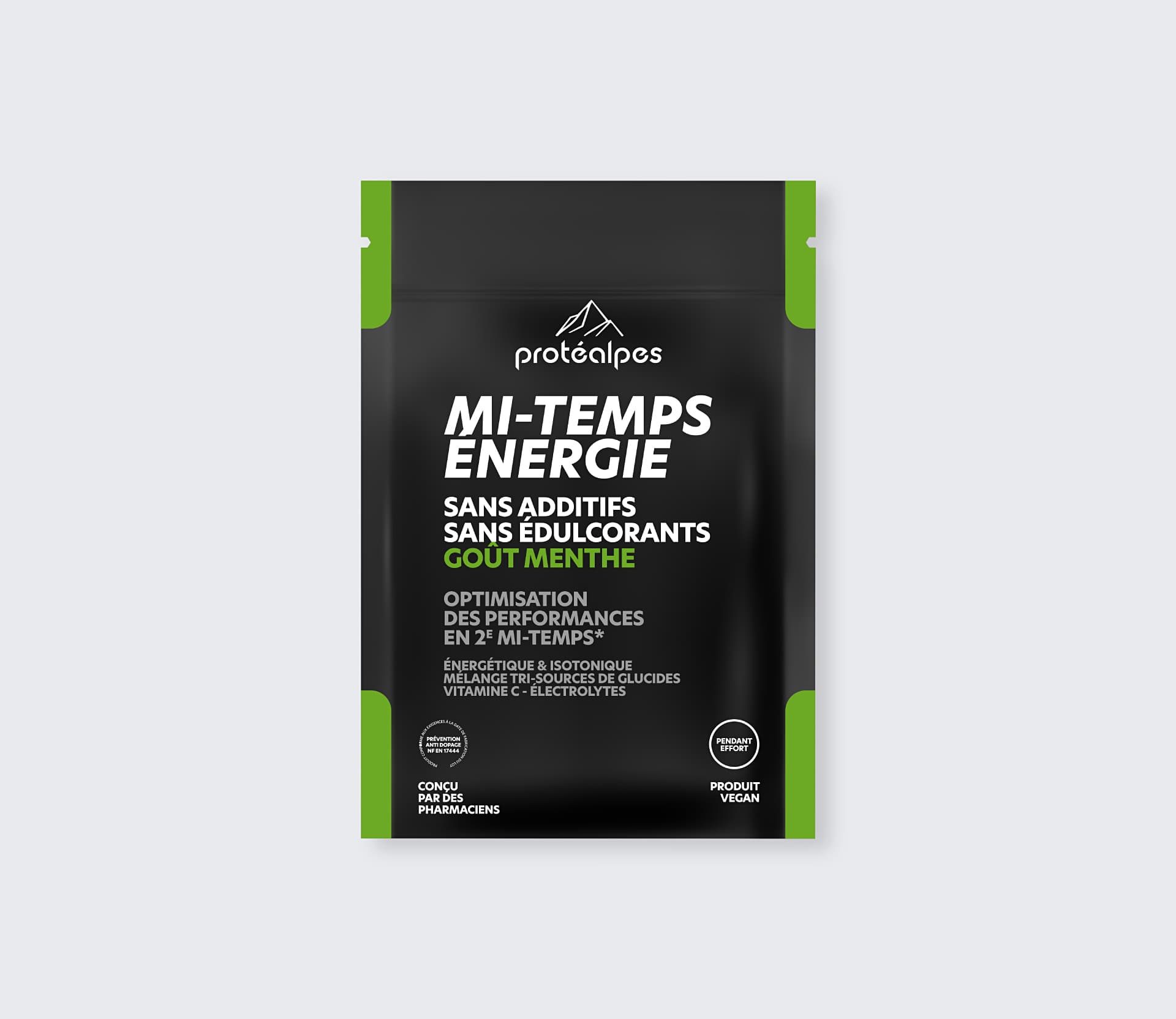 Protéalpes Mi-Temps Bustina energetica, al gusto di menta, senza additivi né dolcificanti, per ottimizzare le prestazioni sportive.