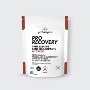 Protéalpes Pro Recovery packaging with cocoa, no additives or sweeteners, for high-end sports recovery.