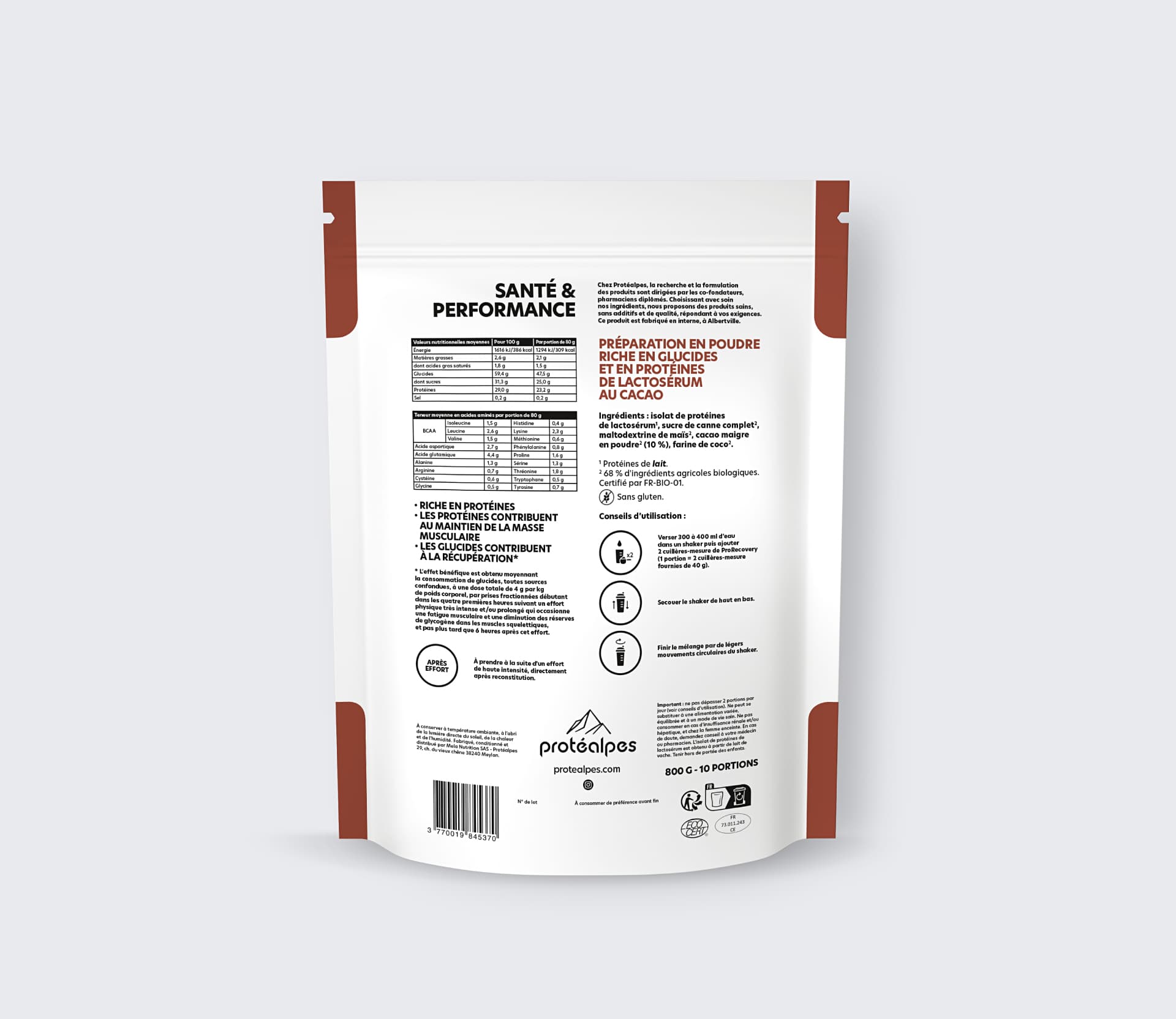 Packung Proteinpulver von Protealpes, reich an Kohlenhydraten und Proteinen, ohne Süßstoffe oder Zusatzstoffe, für Sportler.