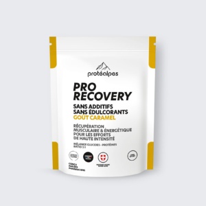 Pro Recovery Protéalpes caramel-flavoured powder, with no additives or sweeteners, for high-intensity sports recovery.