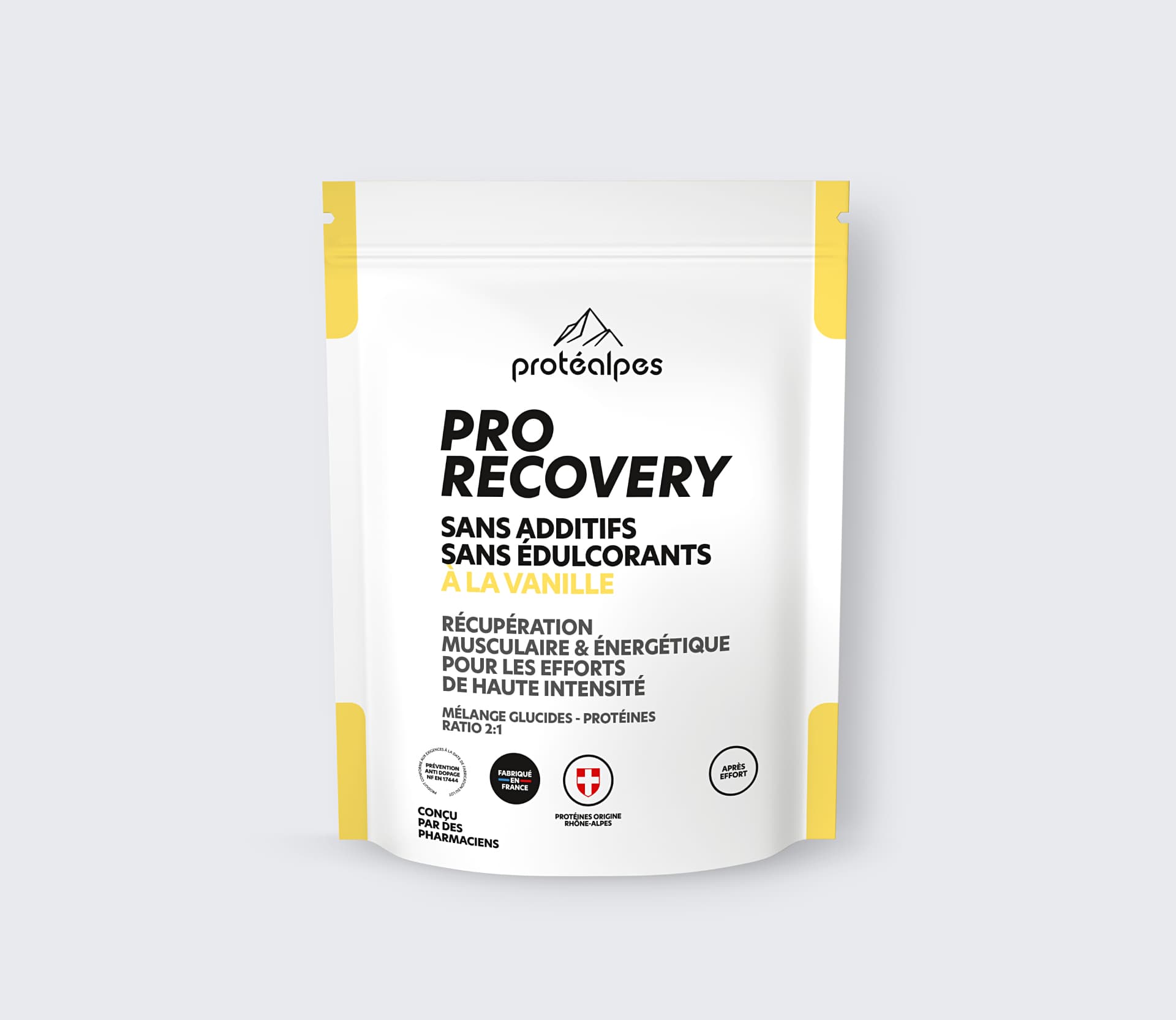 Emballage de Pro Recovery Protéalpes, vanille, sans additifs ni édulcorants, pour récupération musculaire et énergétique.