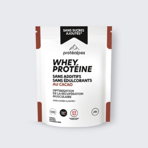 Whey protein with cocoa Protéalpes: no additives, no sweeteners, optimizes muscle recovery. Made in Rhône-Alpes.