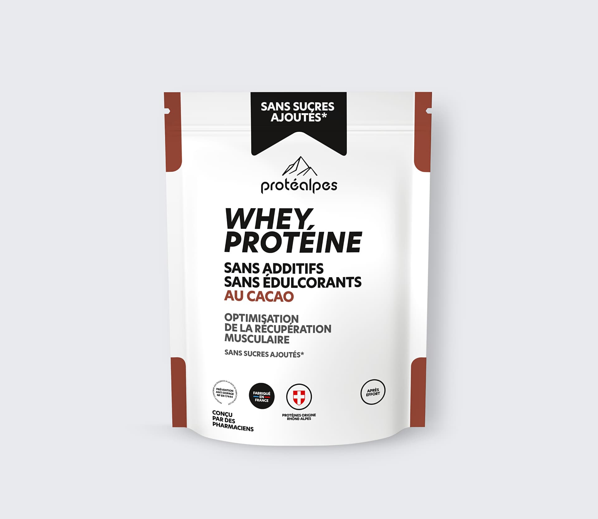 Whey protéine au cacao Protéalpes : sans additifs, sans édulcorants, optimise la récupération musculaire. Fabriqué en Rhône-Alpes.