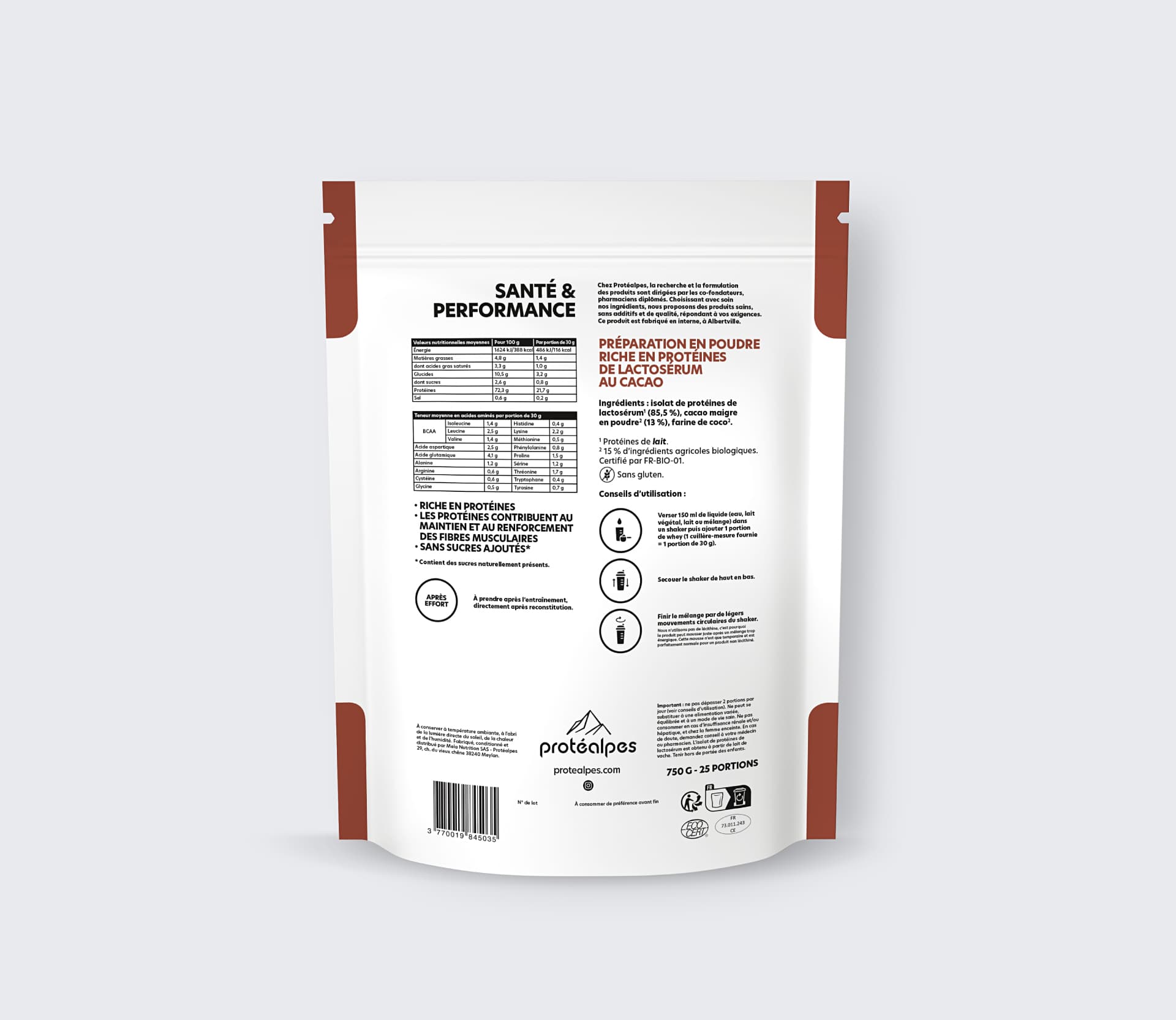 Protéalpes cocoa protein powder, without sweeteners or additives, for high-quality sports nutrition.