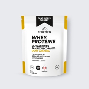 Protéalpes Whey Protein caramel flavour, no additives/sweeteners. Optimizes muscle recovery. No added sugar.