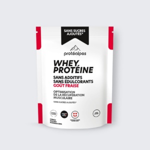 Protéalpes Whey Protein Erdbeere, ohne Zusatzstoffe oder Süßstoffe, für eine optimale Muskelerholung.