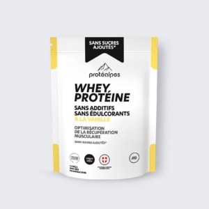 Protéalpes Whey Protein vanilla, high quality, no additives or sweeteners. Optimizes muscle recovery.