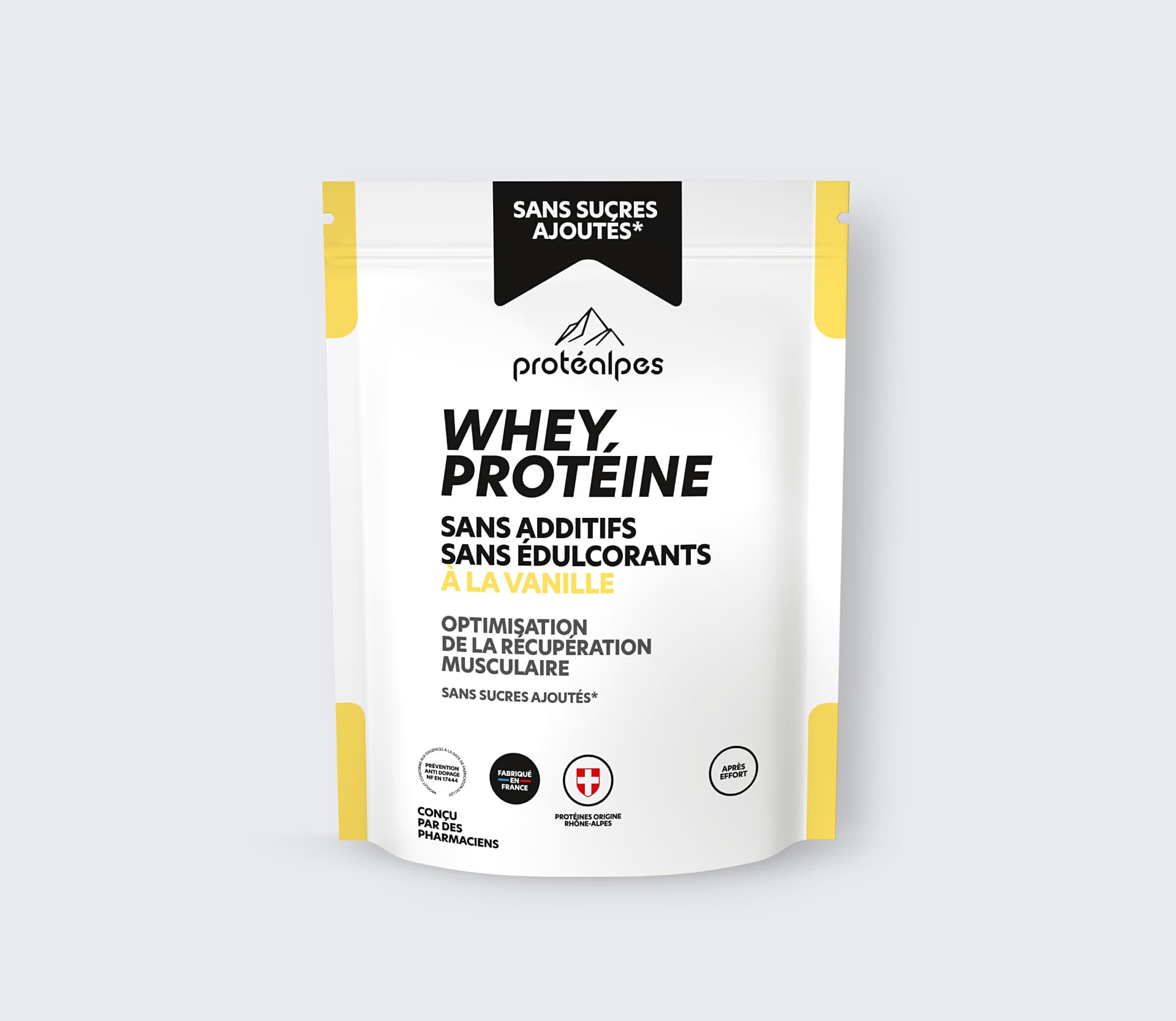 Protéalpes Whey Protein Vanille, hohe Qualität, ohne Zusatzstoffe oder Süßstoffe. Optimiert die Muskelerholung.