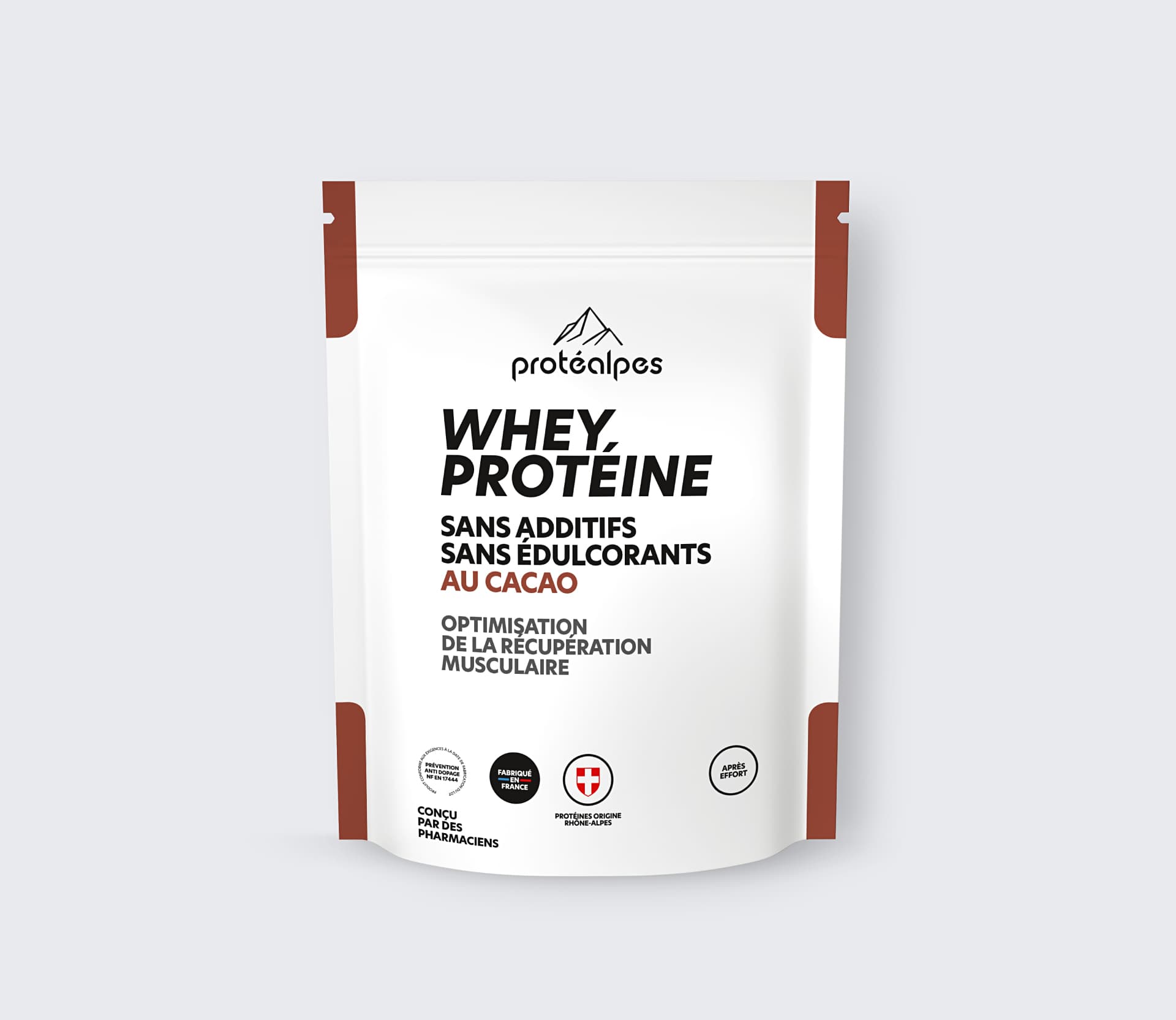 Protéines Whey Protéalpes au cacao, sans additifs ni édulcorants, pour une récupération musculaire optimale.