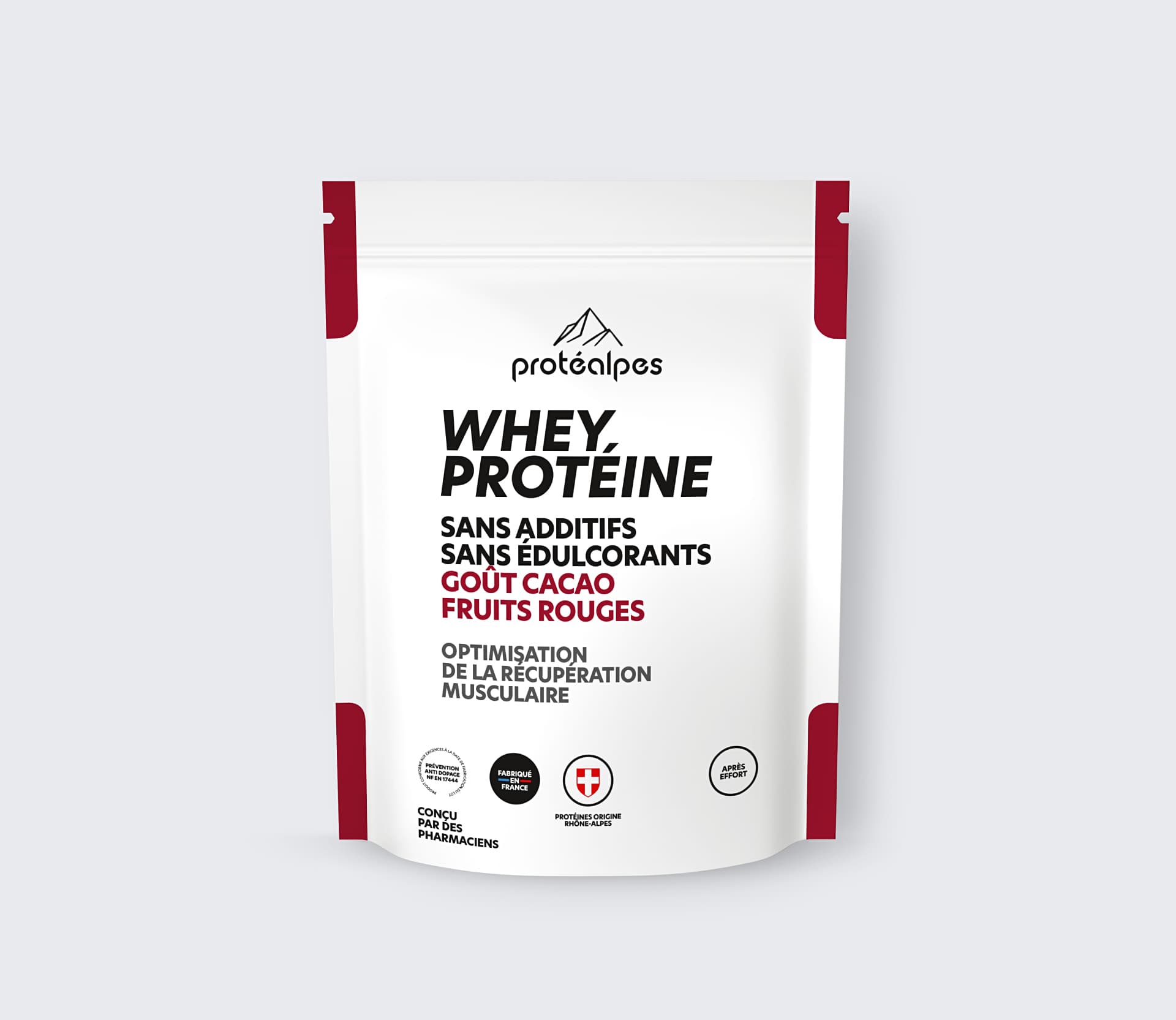 Whey-Protein von Protéalpes ohne Zusatz- oder Süßstoffe, Kakaogeschmack rote Früchte, für eine optimale Muskelerholung.