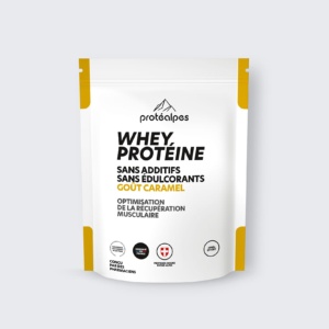 Whey Protéalpes protein pack, caramel flavour, no sweeteners or additives, to optimize muscle recovery.