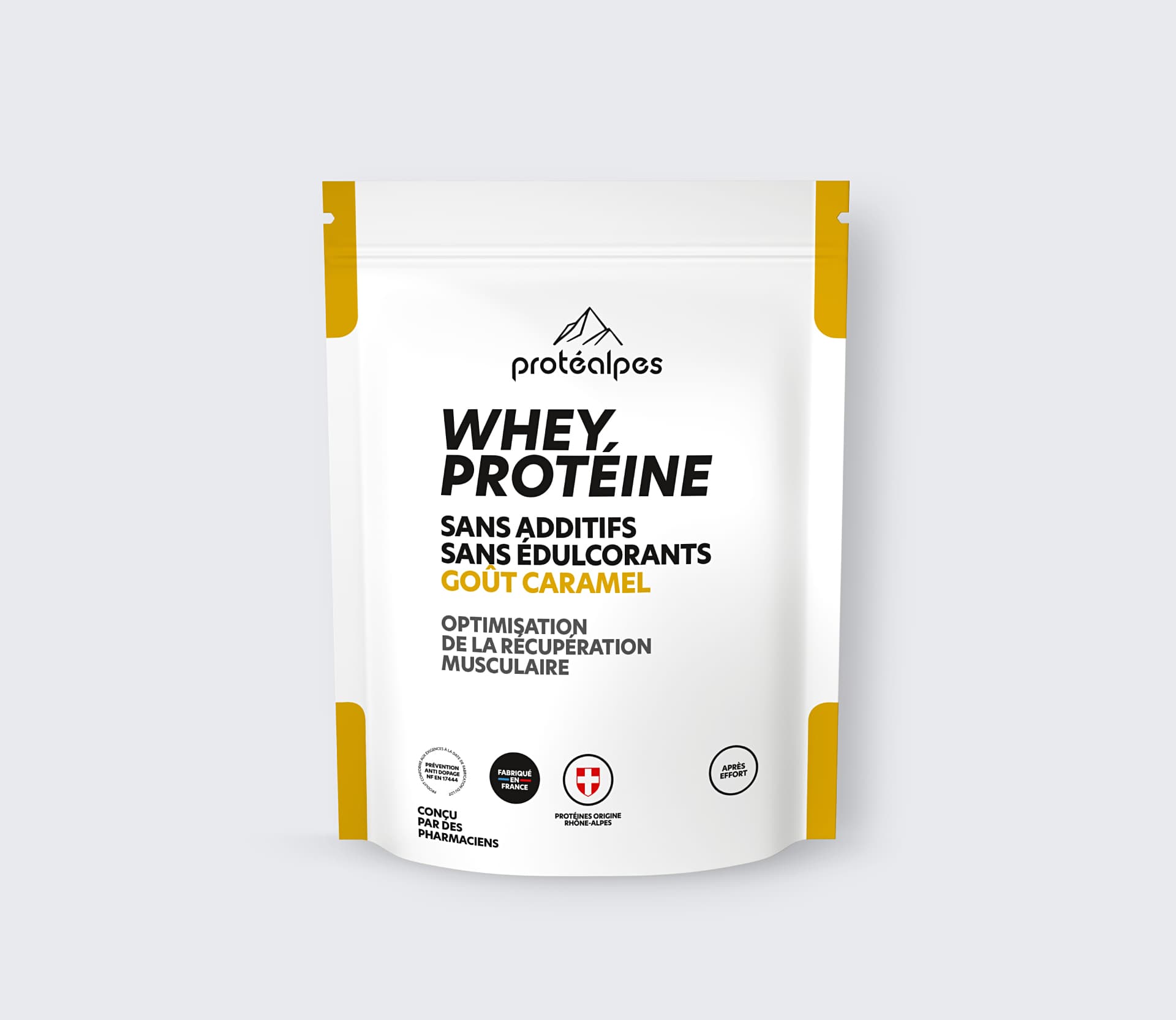Whey Protéalpes protein pack, caramel flavour, no sweeteners or additives, to optimize muscle recovery.