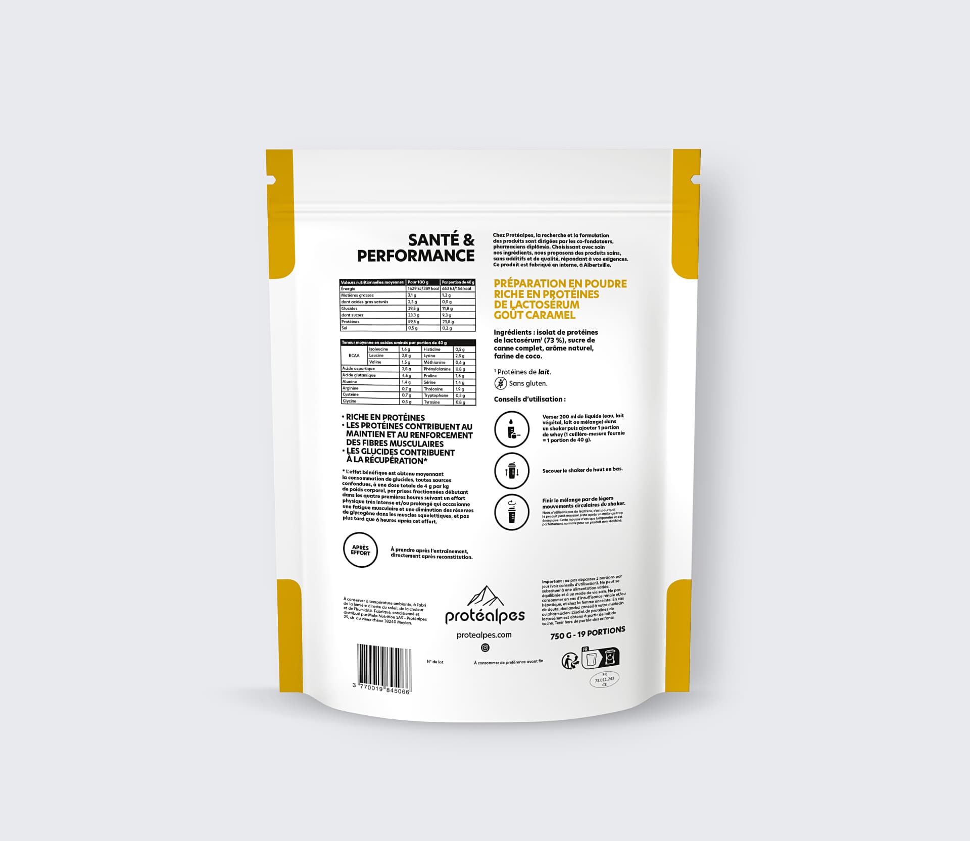 Protéalpes packaging: caramel-flavoured whey protein powder, no sweeteners or additives, for sports nutrition.