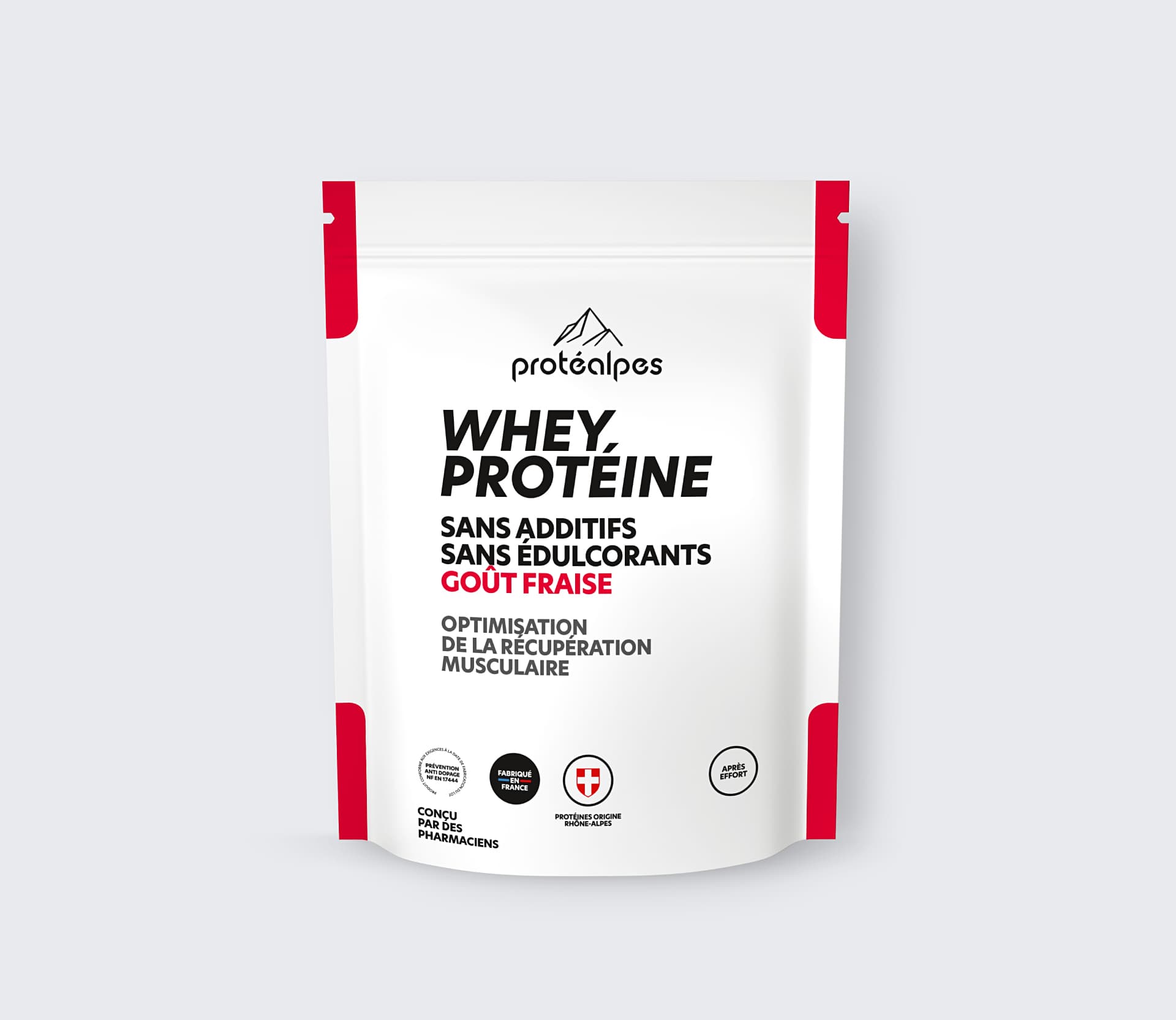 Whey-Protein mit Erdbeergeschmack Protéalpes, ohne Zusatzstoffe oder Süßstoffe, für eine optimale Muskelerholung.