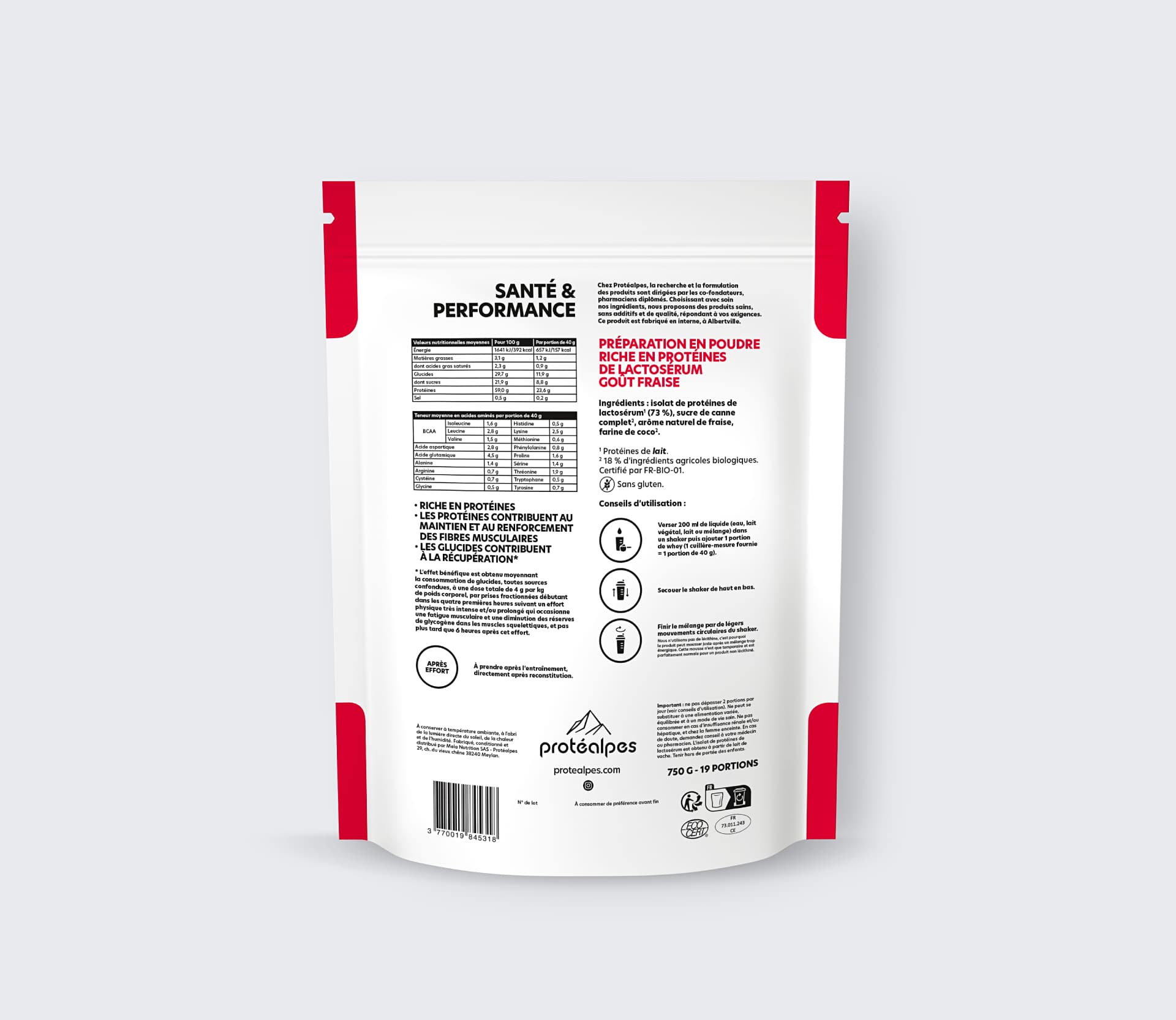 Packung mit dem Präparatepulver Protealpes, Erdbeergeschmack, ohne Süßstoffe und Zusatzstoffe, für eine optimale Sporternährung.