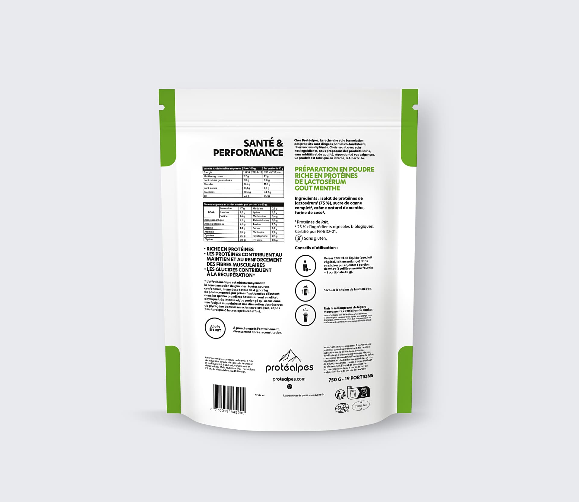 Packaging of Protéalpes mint-flavoured protein formula, with no sweeteners or additives, for healthy sports nutrition.