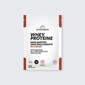 Packaging of Whey Protéalpes Protein, cocoa, with no additives or sweeteners, for quality muscle recovery.