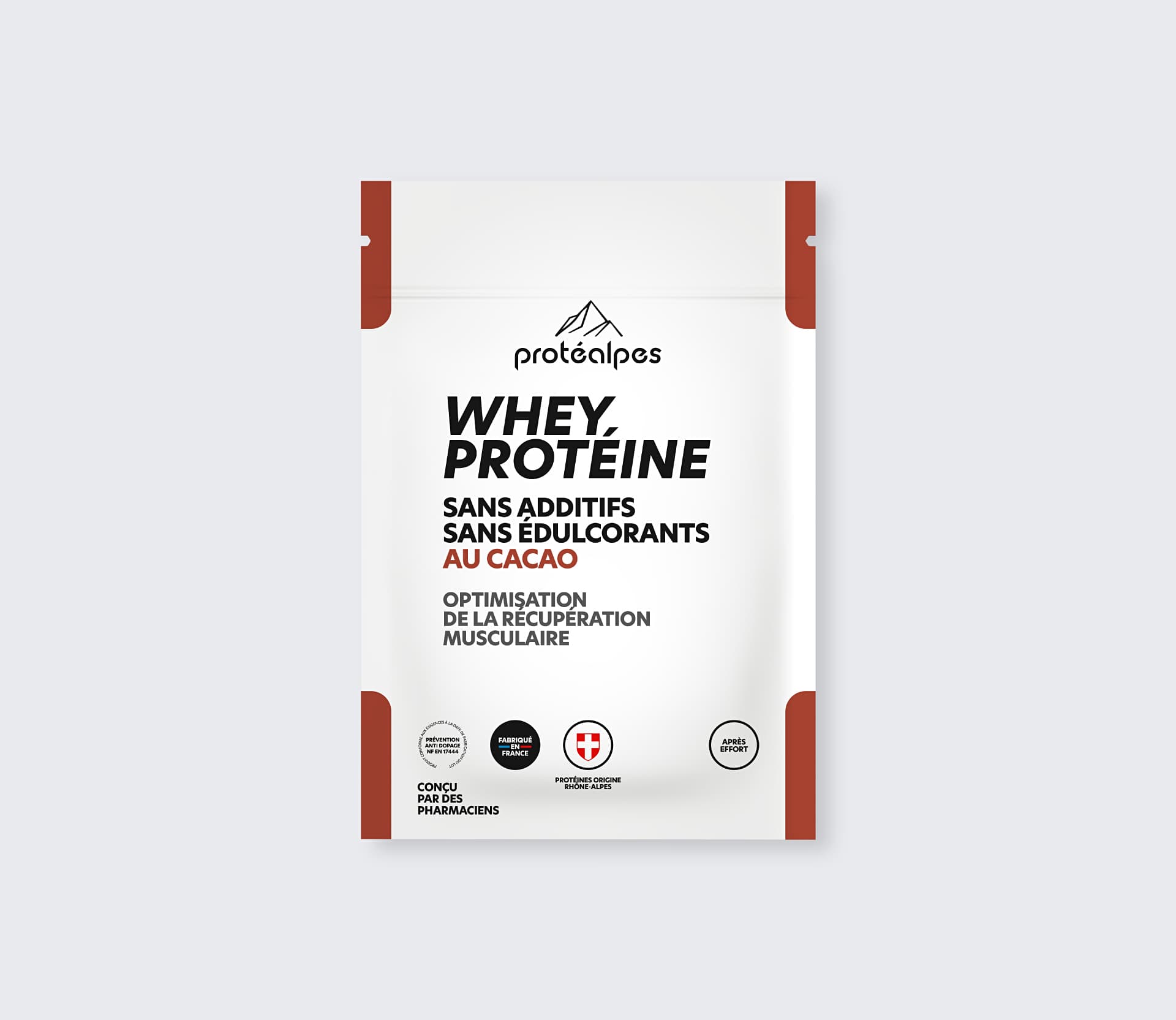 Emballage de Whey Protéine Protéalpes, cacao, sans additifs ni édulcorants, favorisant la récupération musculaire de qualité.