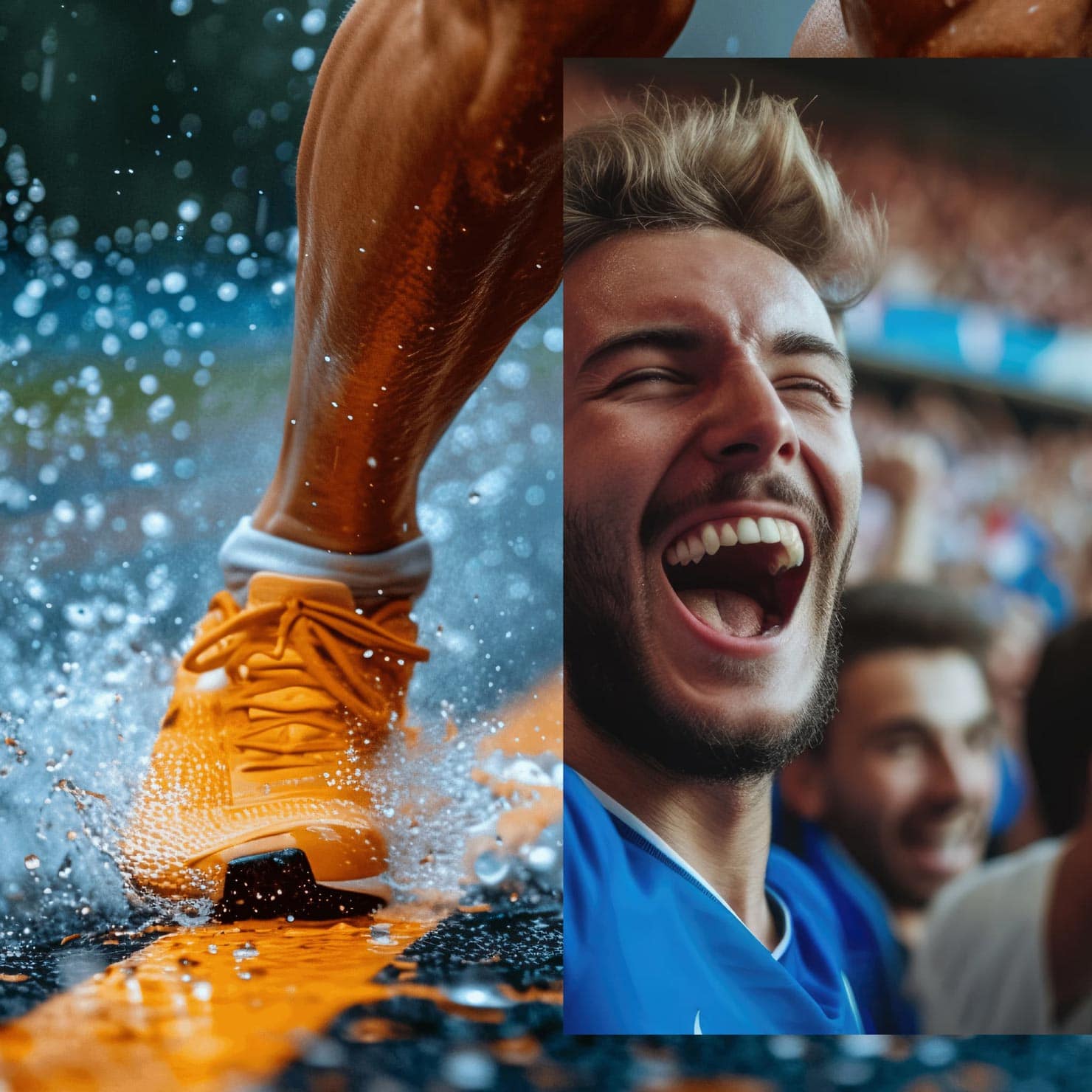 Coureur dans une flaque et spectateur enthousiaste. Protéalpes : performance sportive sans édulcorants ni additifs.