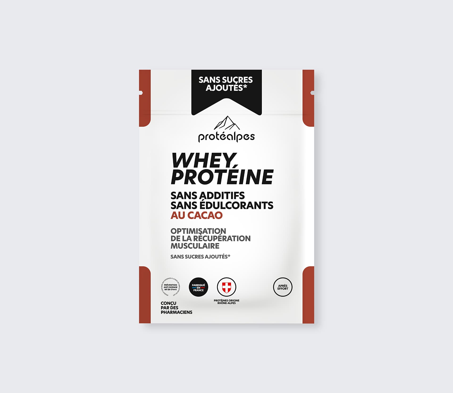 ProtéAlpes Whey Protein Kakao, ohne Zusatzstoffe oder Süßungsmittel, für eine optimale und natürliche Muskelerholung.