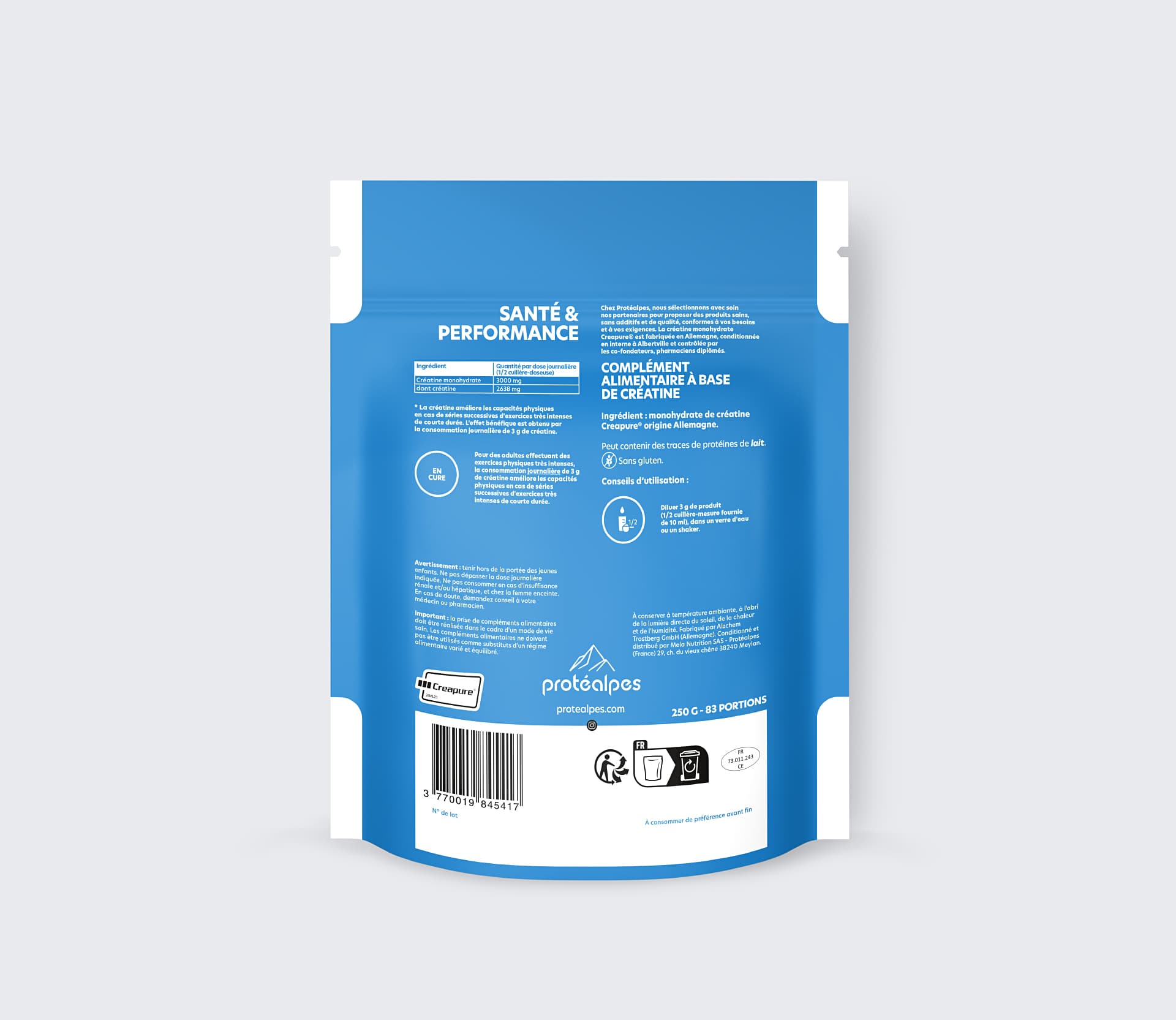 Packaging of Protéalpes creatine, sports nutrition without sweeteners or additives, ideal for health and performance.