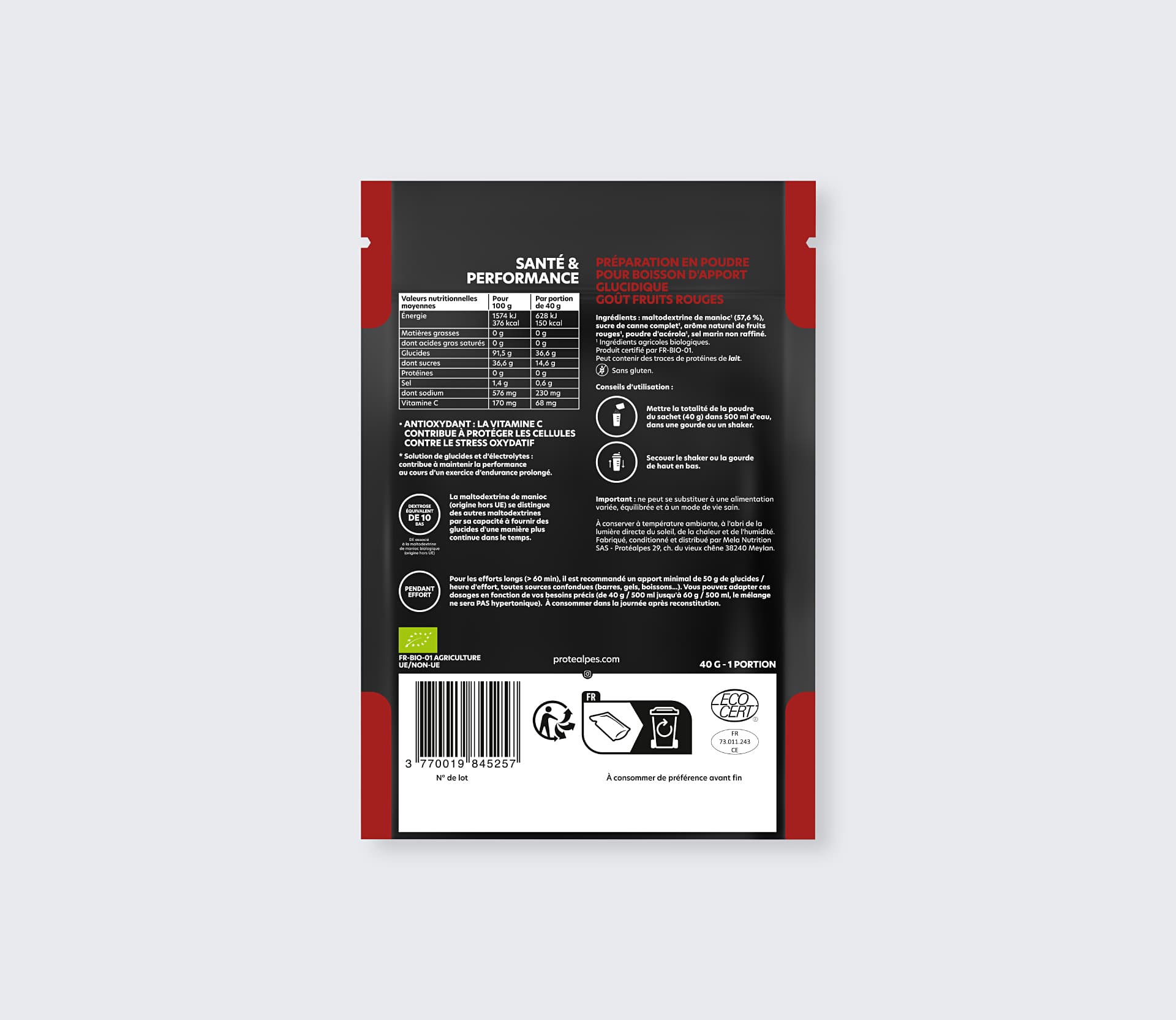 Back of pack Protéalpes, organic carbohydrate drink preparation. Natural ingredients, no sweeteners or additives.