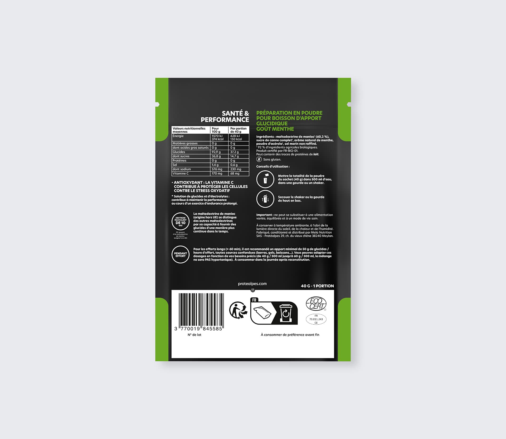 Mint-flavoured carbohydrate drink powder sachet from Protéalpes, with no sweeteners or additives, ideal for sports nutrition.