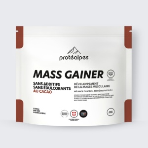 Protéalpes Mass Gainer with cocoa, no additives or sweeteners, for muscle development. Made in France.