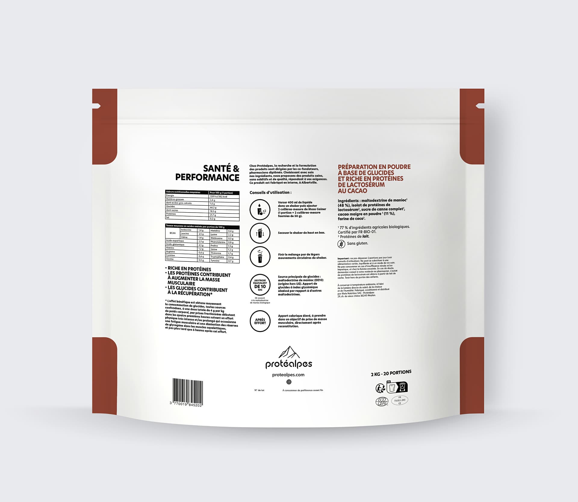 Packung mit der Eiweißzubereitung Protéalpes, gesund und natürlich, ohne Süßstoffe oder Zusatzstoffe, mit Kakao angereichert.