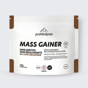 Packaging of Mass Gainer Protéalpes, no additives or sweeteners, decaffeinated coffee, high-quality sports nutrition.