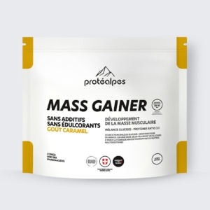Protéalpes Mass Gainer with no sweeteners or additives, caramel taste, for muscle development. Made in France.