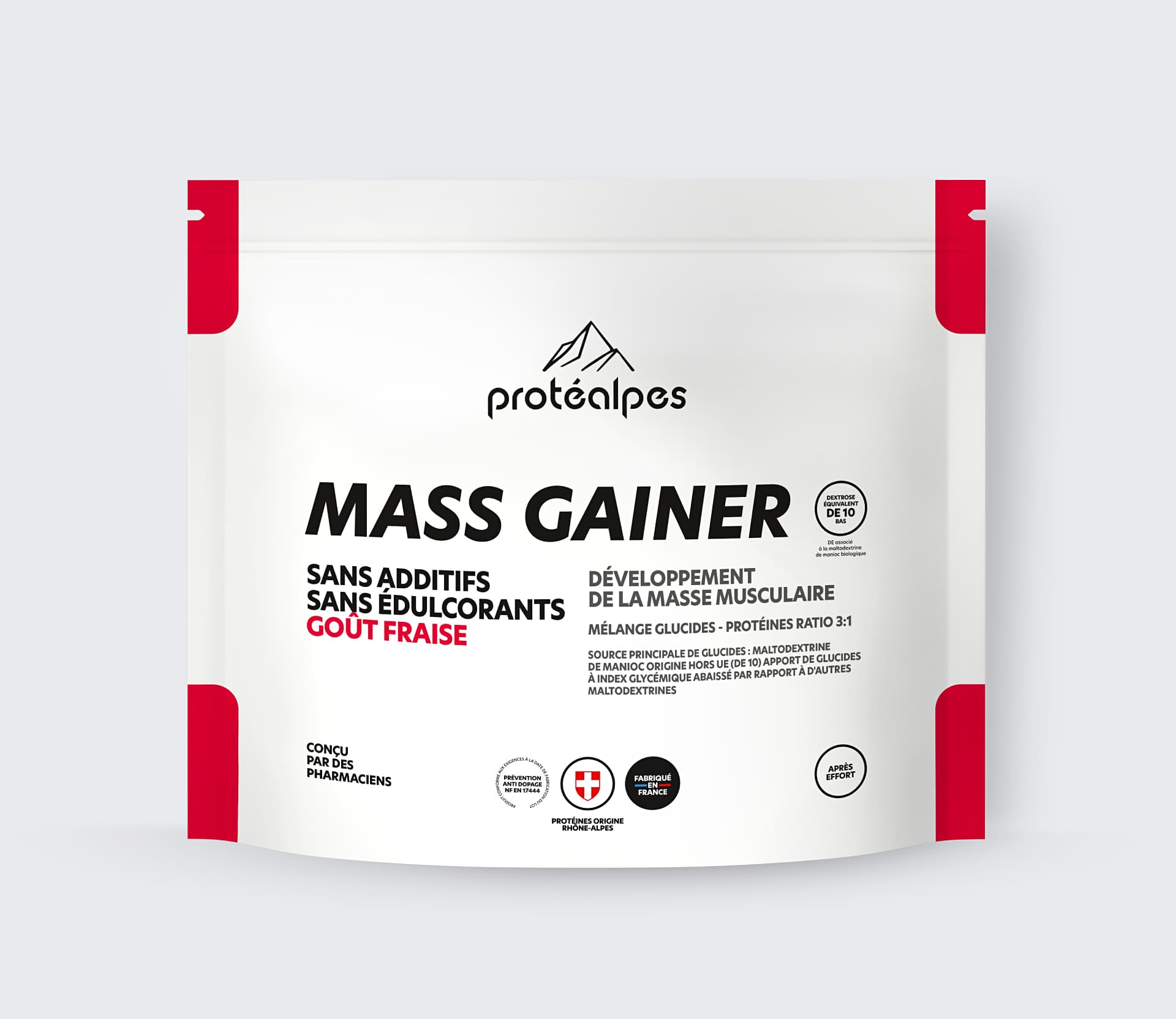 Emballage de Mass Gainer Protéalpes. Sans additifs ni édulcorants, goût fraise, pour le développement de la masse musculaire.