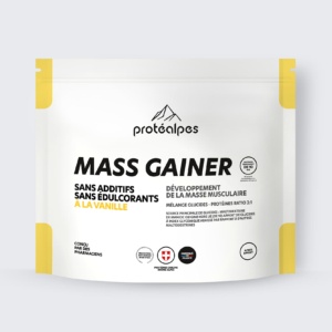 Protéalpes Mass Gainer vanilla, with no additives or sweeteners, ideal for building muscle mass. 3:1 carbohydrate-protein blend.